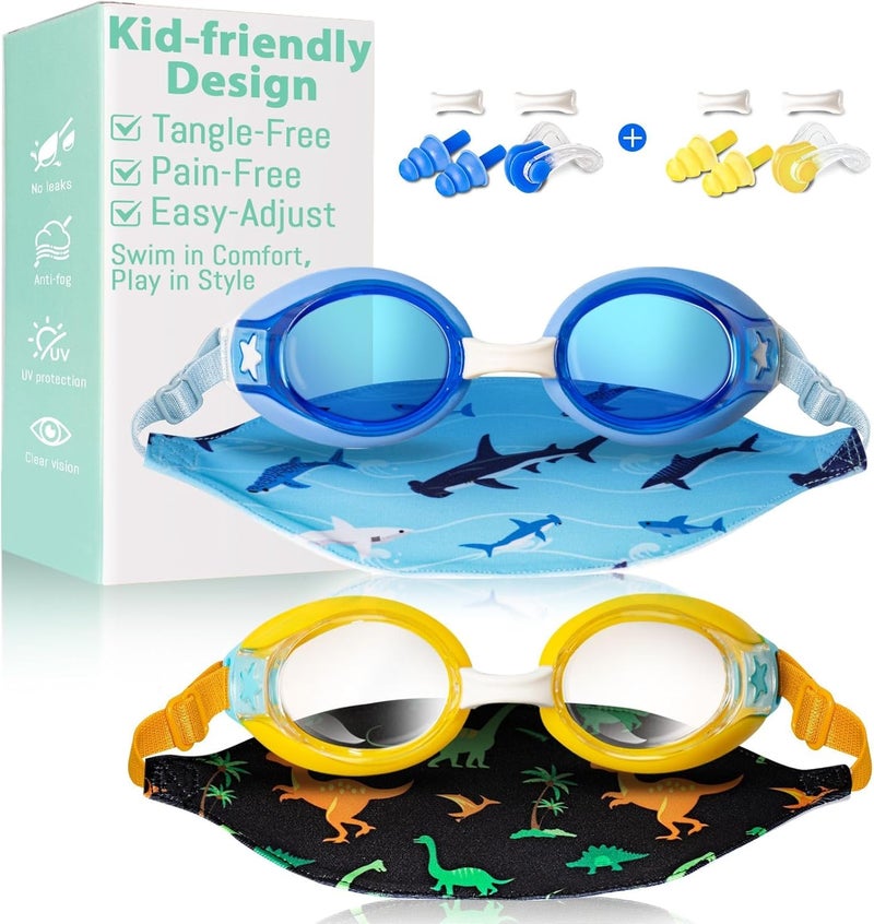 Pixel Panda 2 Pack Kids Swim Goggles with Fabric Strap for 3-14 Anti-Fog Anti-UV, No Leak No Hair Pulling Swimming Goggles - Image 1